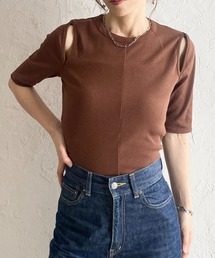 カットアウト 肩あき オープンショルダー 半袖 リブTシャツ