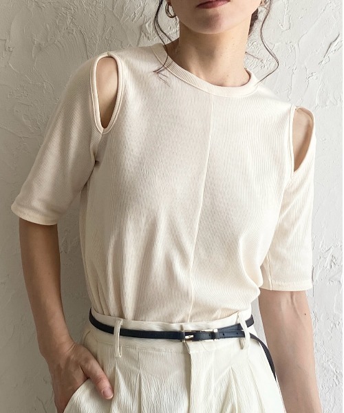 セール】カットアウト肩あき半袖リブTシャツ（Tシャツ