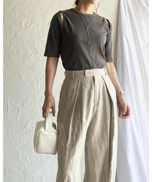 関税込★ルージュ★デコルテ フィットカット 半袖 リブ Tシャツ セール】レディース デコルテきれい魅せ。半袖クロスネックリブ