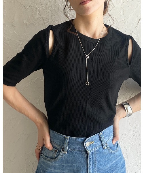 半袖Tシャツ　値下げ セール】カットアウト肩あき半袖リブTシャツ（Tシャツ