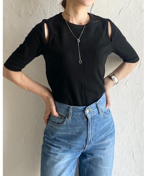 セール】カットアウト肩あき半袖リブTシャツ（Tシャツ