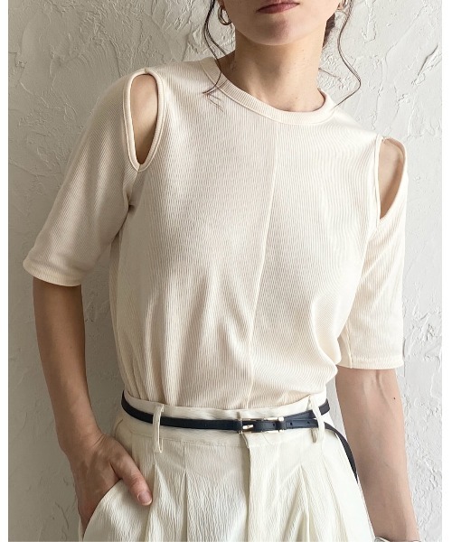 セール】カットアウト肩あき半袖リブTシャツ（Tシャツ