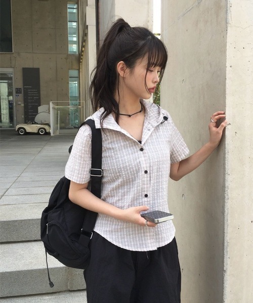 anyonemore（エニワンモア）の「サッカーギンガムチェックサマーフード半袖シャツ（シャツ/ブラウス・レディース・ブラック/ピンク・FREE）」の14枚目の写真