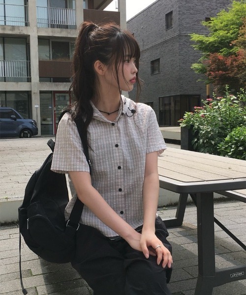 anyonemore（エニワンモア）の「サッカーギンガムチェックサマーフード半袖シャツ（シャツ/ブラウス・レディース・ブラック/ピンク・FREE）」の19枚目の写真