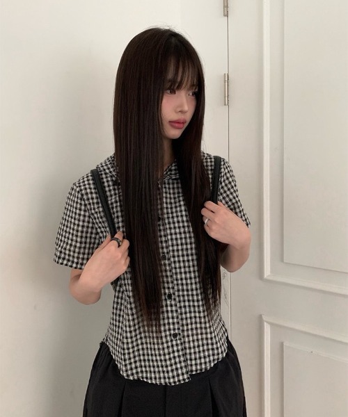 anyonemore（エニワンモア）の「サッカーギンガムチェックサマーフード半袖シャツ（シャツ/ブラウス・レディース・ブラック/ピンク・FREE）」の7枚目の写真