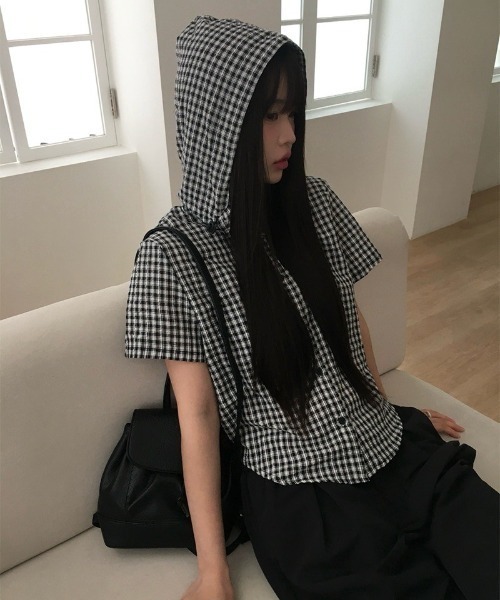 anyonemore（エニワンモア）の「サッカーギンガムチェックサマーフード半袖シャツ（シャツ/ブラウス・レディース・ブラック/ピンク・FREE）」の11枚目の写真