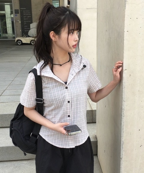 anyonemore（エニワンモア）の「サッカーギンガムチェックサマーフード半袖シャツ（シャツ/ブラウス・レディース・ブラック/ピンク・FREE）」の21枚目の写真