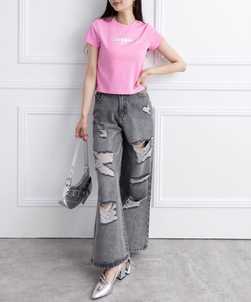 clear（クリア）の「ラメプリントTシャツ [着回し力抜群 大人 カジュアル]（Tシャツ/カットソー・レディース・ライトブルー/ピンク/オフホワイト/ブラック・F）」の22枚目の写真