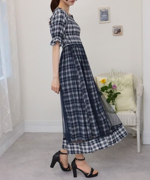 【CHICLINE】シースルーハートラインワンピース(ロング、ミニ) ロングワンピース .-- GRACIELA （ネイビーブルー） -MANGO
