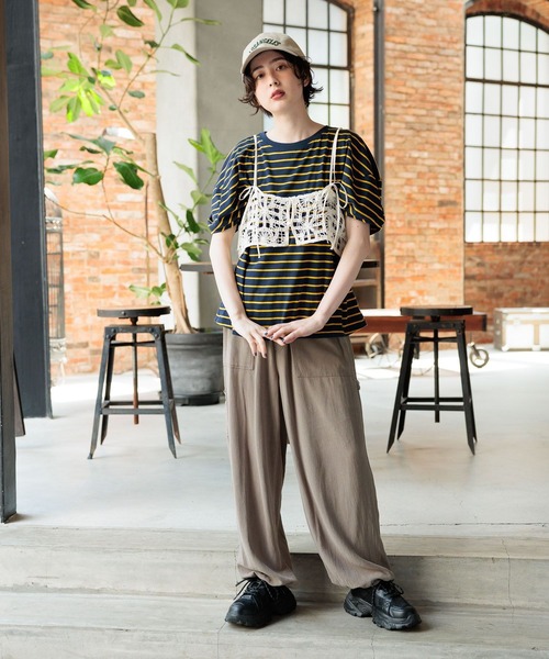 美品⁂センソユニコ⁂半袖カットソー　プルオーバー　ボーダー　切り替　変形ヘム　M CHILD WOMAN - 変形テレコマルチボーダー半袖プルオーバー