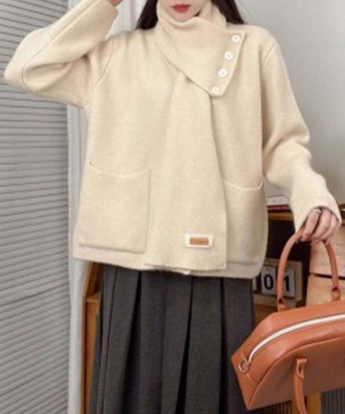 Lace Ladies(レースレディース)の「2WAY ソリッドカラー マフラー付き 長袖 ニット カーディガン(カーディガン/ボレロ・レディース・ピンク/アイボリー・FREE)」の6枚目の写真