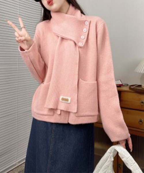 Lace Ladies(レースレディース)の「2WAY ソリッドカラー マフラー付き 長袖 ニット カーディガン(カーディガン/ボレロ・レディース・ピンク/アイボリー・FREE)」の8枚目の写真