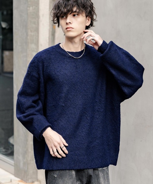 オーバーサイズシャギーニットセーター/クルーネック長袖プルオーバー