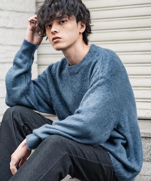 セール】オーバーサイズシャギーニットセーター/クルーネック長袖プル