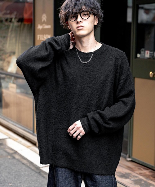 オーバーサイズシャギーニットセーター/クルーネック長袖プルオーバー
