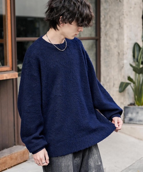 セール】オーバーサイズシャギーニットセーター/クルーネック長袖プル