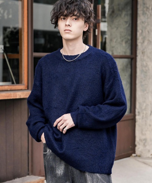 オーバーサイズシャギーニットセーター/クルーネック長袖プルオーバー