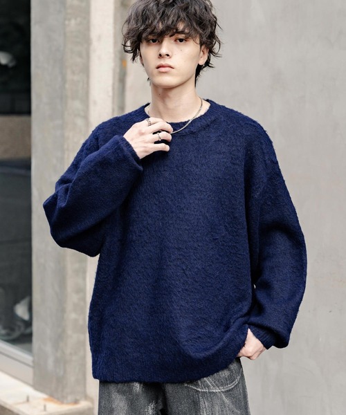 オーバーサイズシャギーニットセーター/クルーネック長袖プルオーバー