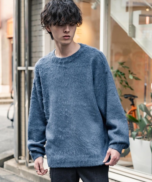 オーバーサイズシャギーニットセーター/クルーネック長袖プルオーバー
