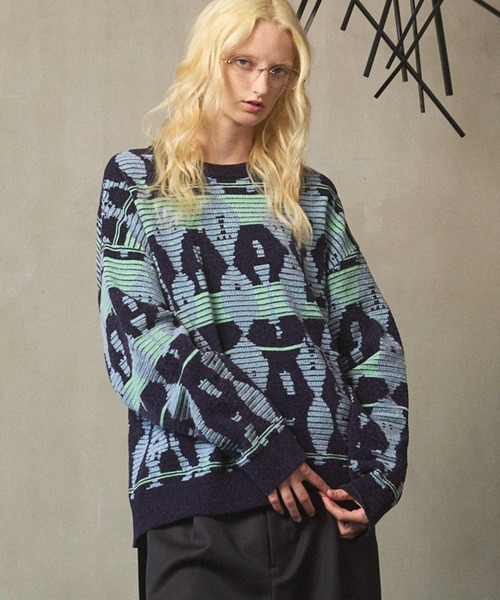 UNISEX》Rug Pattern Mall Yarn Jacquard Prime-Over Crew Neck