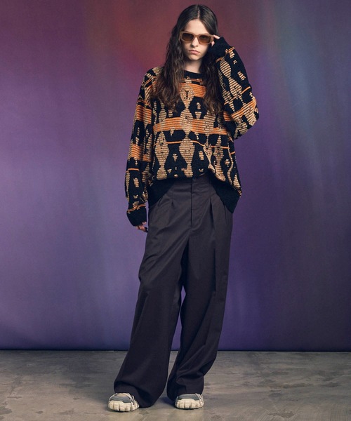 UNISEX》Rug Pattern Mall Yarn Jacquard Prime-Over Crew Neck Knit