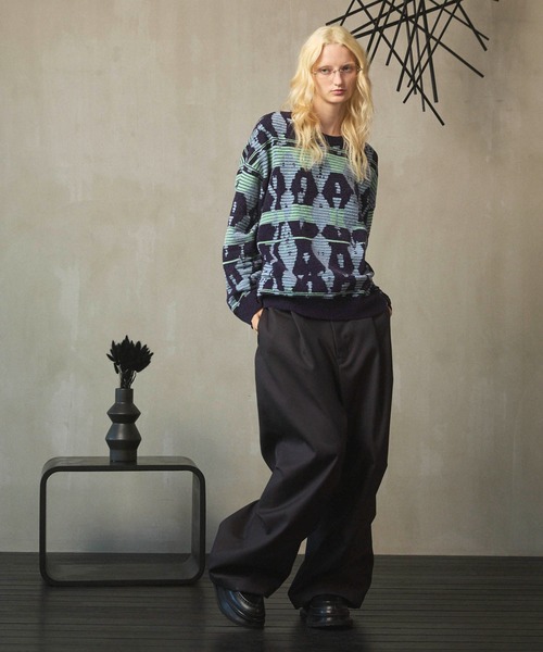 UNISEX》Rug Pattern Mall Yarn Jacquard Prime-Over Crew Neck Knit