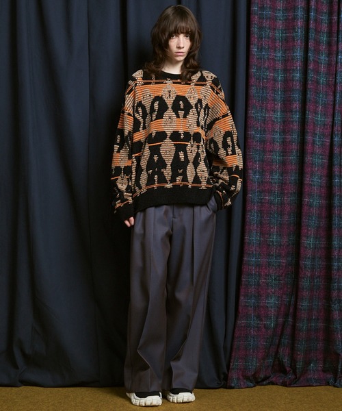 UNISEX》Rug Pattern Mall Yarn Jacquard Prime-Over Crew Neck Knit