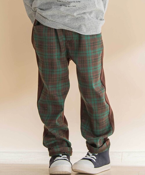 Noeil aime BeBe(ノイユエイムベベ)の「タータンチェックxインレイ切り替えパンツ(その他パンツ・キッズ・グリーン系その他/ベージュ系その他・120cm/110cm/130cm/100cm)」の1枚目の写真