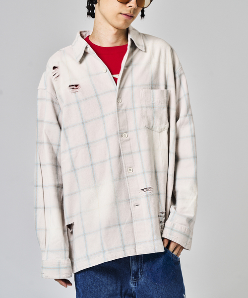 JOINT WORKS(ジョイントワークス)の「ダメージオンブレチェック ボクシーシャツ / Damaged Ombre Check Boxy Shirt(シャツ/ブラウス・メンズ・ベージュ/ブラック・MEDIUM/LARGE)」の2枚目の写真