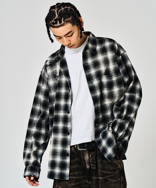 JOINT WORKS(ジョイントワークス)の「ダメージオンブレチェック ボクシーシャツ / Damaged Ombre Check Boxy Shirt(シャツ/ブラウス・メンズ・ベージュ/ブラック・MEDIUM/LARGE)」の1枚目の写真
