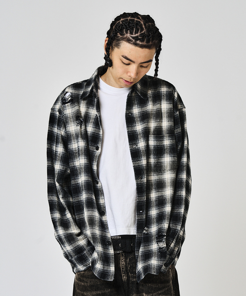 JOINT WORKS(ジョイントワークス)の「ダメージオンブレチェック ボクシーシャツ / Damaged Ombre Check Boxy Shirt(シャツ/ブラウス・メンズ・ベージュ/ブラック・MEDIUM/LARGE)」の4枚目の写真