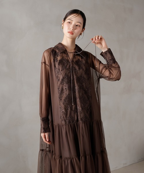 刺繍レース 襟 シアー ティアード ワンピース ドレス パーティー 結婚