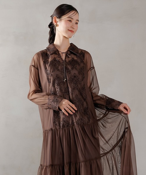 刺繍レース 襟 シアー ティアード ワンピース ドレス パーティー 結婚