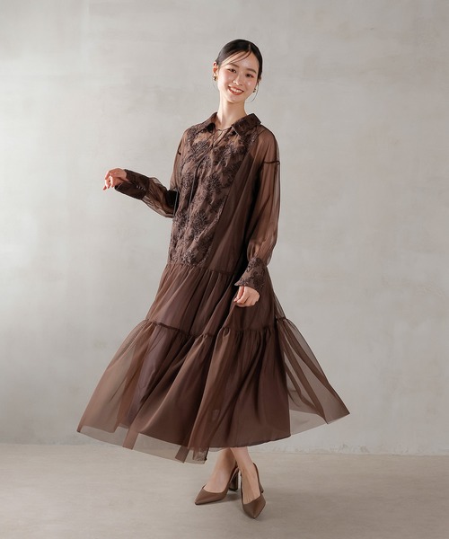 刺繍レース 襟 シアー ティアード ワンピース ドレス パーティー 結婚