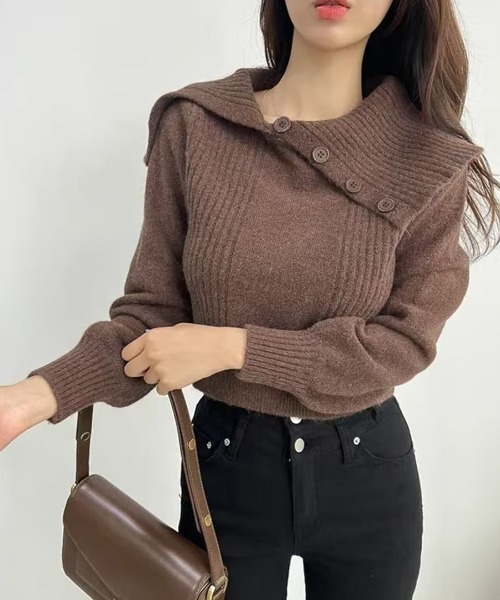 REMUR(レミュール)の「2点セット アシメオフショルニット&チョーカー(ニット/セーター・レディース・ブラウン/グレー/ブラック/アイボリー・FREE)」の1枚目の写真