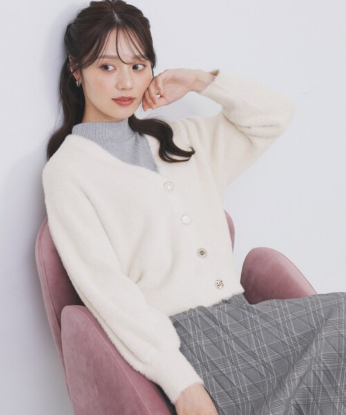 ラメフェザーヤーンVネックカーディガン【洗濯機OK】（カーディガン