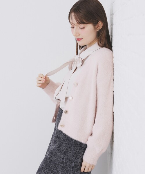 ラメフェザーヤーンVネックカーディガン【洗濯機OK】（カーディガン