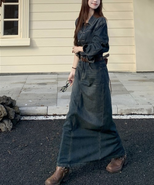 FAVORITO(ファヴォリート)の「襟付きベルト付きデニムワンピース(ワンピース・レディース・ダークブルー・S/M/L)」の5枚目の写真