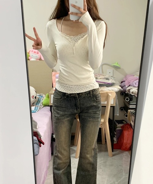 HALEY PESCA(ヘーリーペスカ)の「HALEY PESCA/ヘンリーネック 花柄レイヤードトップス(Tシャツ/カットソー・レディース・ピンク/ブルー/アイボリー/ネイビー・MEDIUM/SMALL)」の5枚目の写真