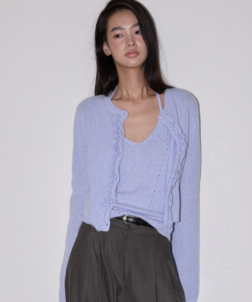 MICHIKO LONDON(ミチコ ロンドン)の「ラッフルウールニットカーディガンセットラベンダーブルー(カーディガン/ボレロ・レディース・その他・SMALL/MEDIUM)」の1枚目の写真