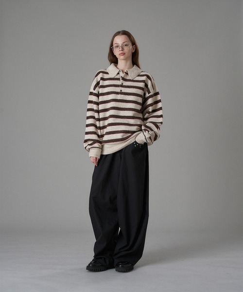 oncily マルチボーダーソフトタッチニットポロ　アイボリー MULTI BORDER SOFT TOUCH KNIT POLO / マルチボーダーソフトタッチ