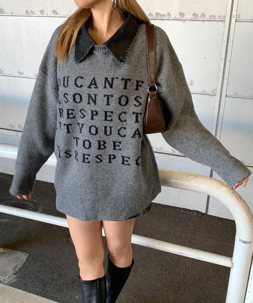 non-hedge(ノンヘッジ)の「襟デニム切替ロゴニットトップス(ニット/セーター・レディース・グレー/オフホワイト/ブラック/ワインレッド・FREE)」の3枚目の写真