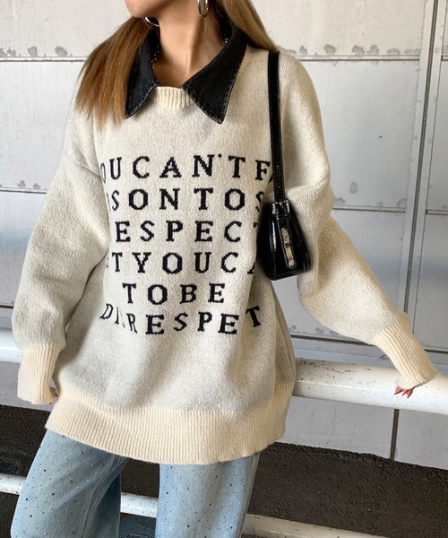 non-hedge(ノンヘッジ)の「襟デニム切替ロゴニットトップス(ニット/セーター・レディース・グレー/オフホワイト/ブラック/ワインレッド・FREE)」の1枚目の写真
