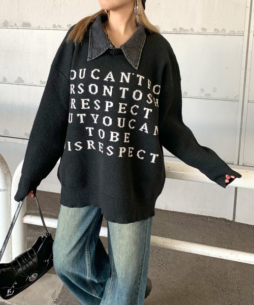 non-hedge(ノンヘッジ)の「襟デニム切替ロゴニットトップス(ニット/セーター・レディース・グレー/オフホワイト/ブラック/ワインレッド・FREE)」の2枚目の写真