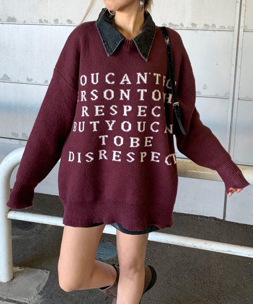 non-hedge(ノンヘッジ)の「襟デニム切替ロゴニットトップス(ニット/セーター・レディース・グレー/オフホワイト/ブラック/ワインレッド・FREE)」の4枚目の写真
