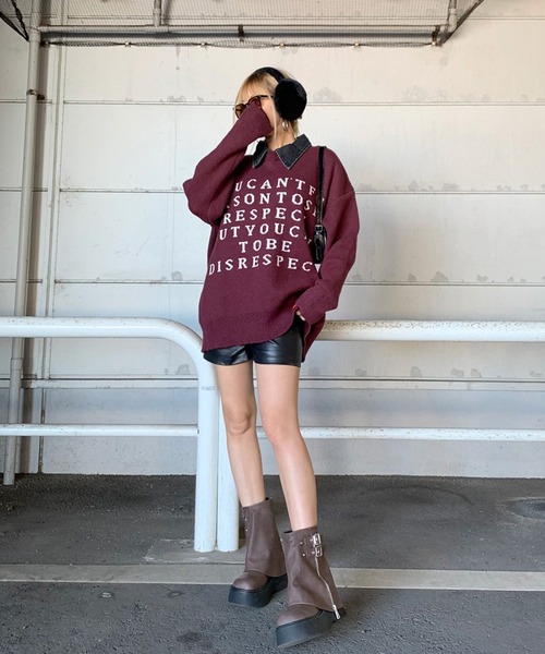 non-hedge(ノンヘッジ)の「襟デニム切替ロゴニットトップス(ニット/セーター・レディース・グレー/オフホワイト/ブラック/ワインレッド・FREE)」の5枚目の写真