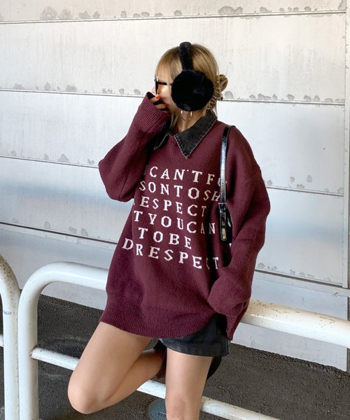 non-hedge(ノンヘッジ)の「襟デニム切替ロゴニットトップス(ニット/セーター・レディース・グレー/オフホワイト/ブラック/ワインレッド・FREE)」の6枚目の写真