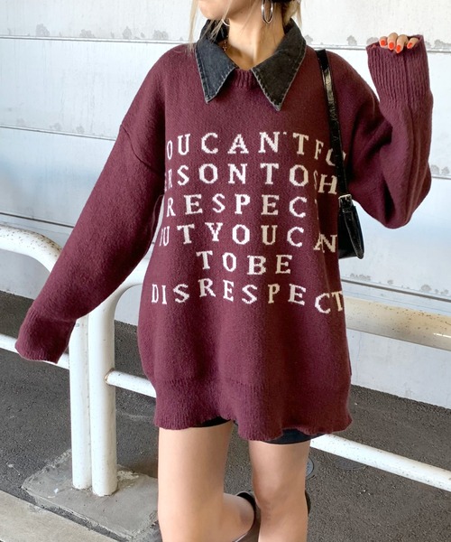 non-hedge(ノンヘッジ)の「襟デニム切替ロゴニットトップス(ニット/セーター・レディース・グレー/オフホワイト/ブラック/ワインレッド・FREE)」の7枚目の写真