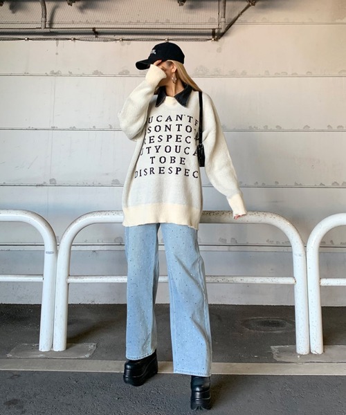 non-hedge(ノンヘッジ)の「襟デニム切替ロゴニットトップス(ニット/セーター・レディース・グレー/オフホワイト/ブラック/ワインレッド・FREE)」の9枚目の写真