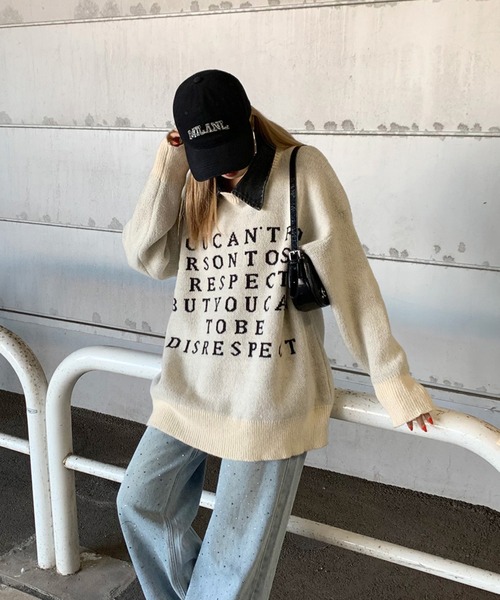 non-hedge(ノンヘッジ)の「襟デニム切替ロゴニットトップス(ニット/セーター・レディース・グレー/オフホワイト/ブラック/ワインレッド・FREE)」の10枚目の写真